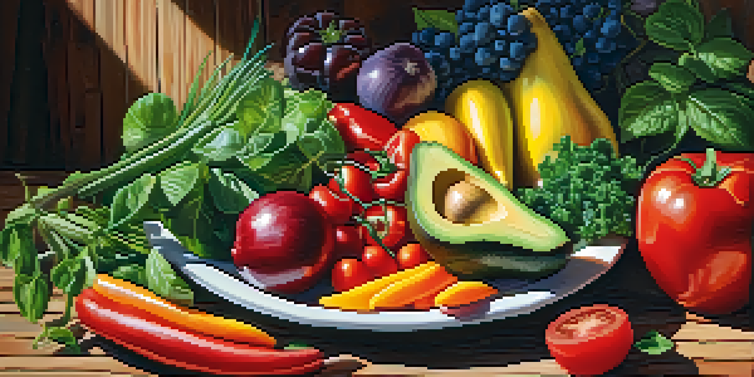 A colorful raw vegan meal with fresh fruits and vegetables artfully arranged on a wooden table, illuminated by natural sunlight.