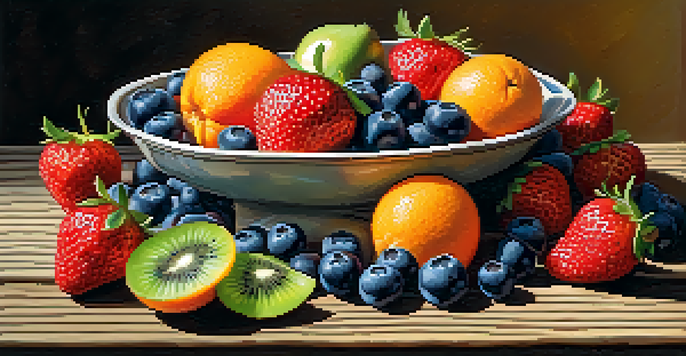 A bright and colorful bowl filled with various fresh fruits like strawberries, blueberries, kiwi, and oranges on a wooden table with sunlight illuminating the scene.
