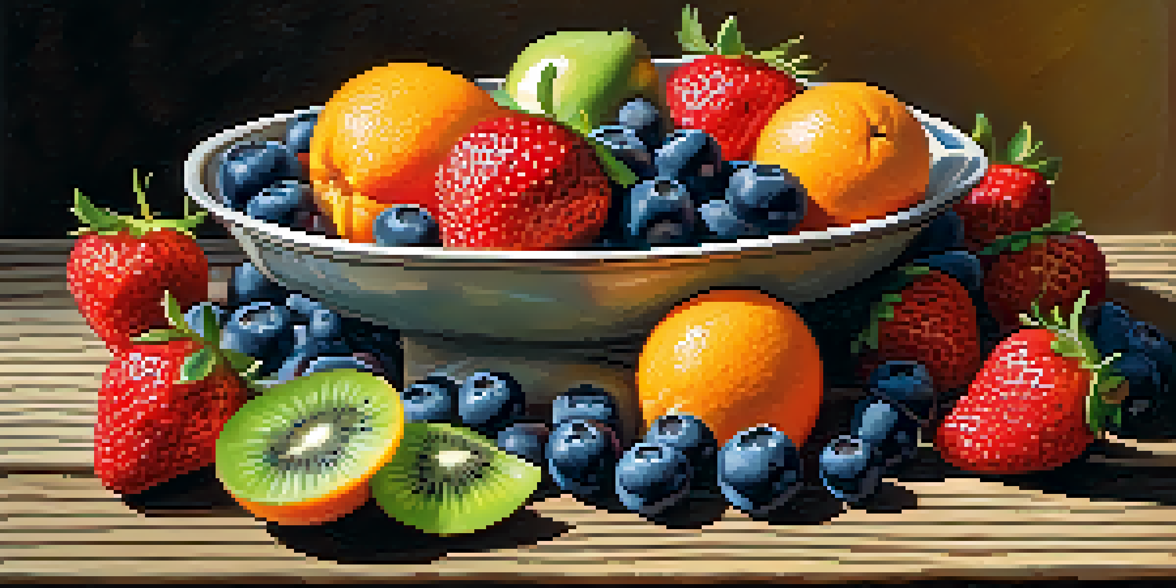 A bright and colorful bowl filled with various fresh fruits like strawberries, blueberries, kiwi, and oranges on a wooden table with sunlight illuminating the scene.