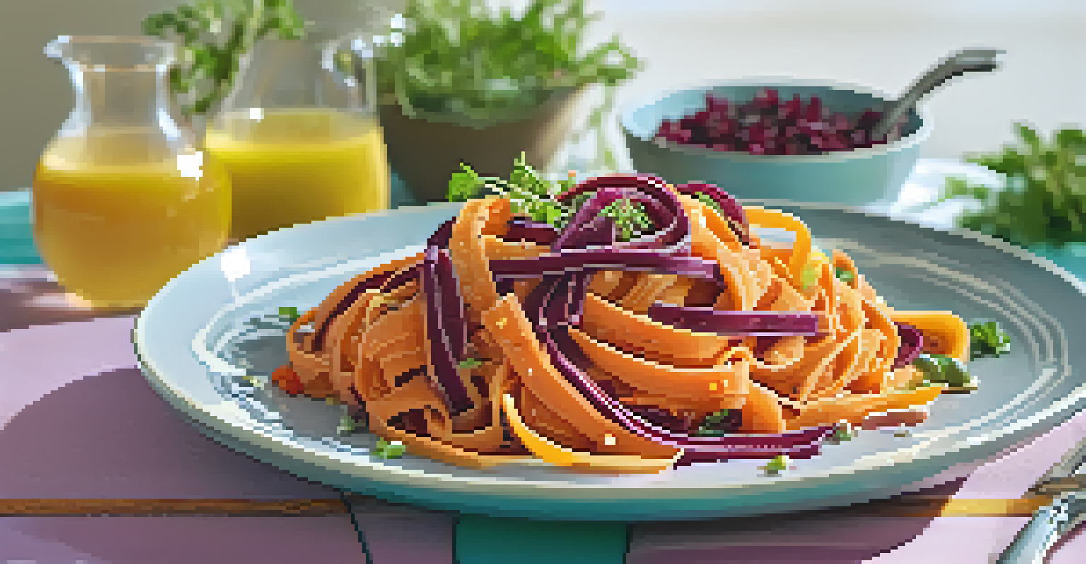 A plate of carrot and beetroot pasta with olive oil and lemon dressing, alongside a colorful side salad on a sunny table.