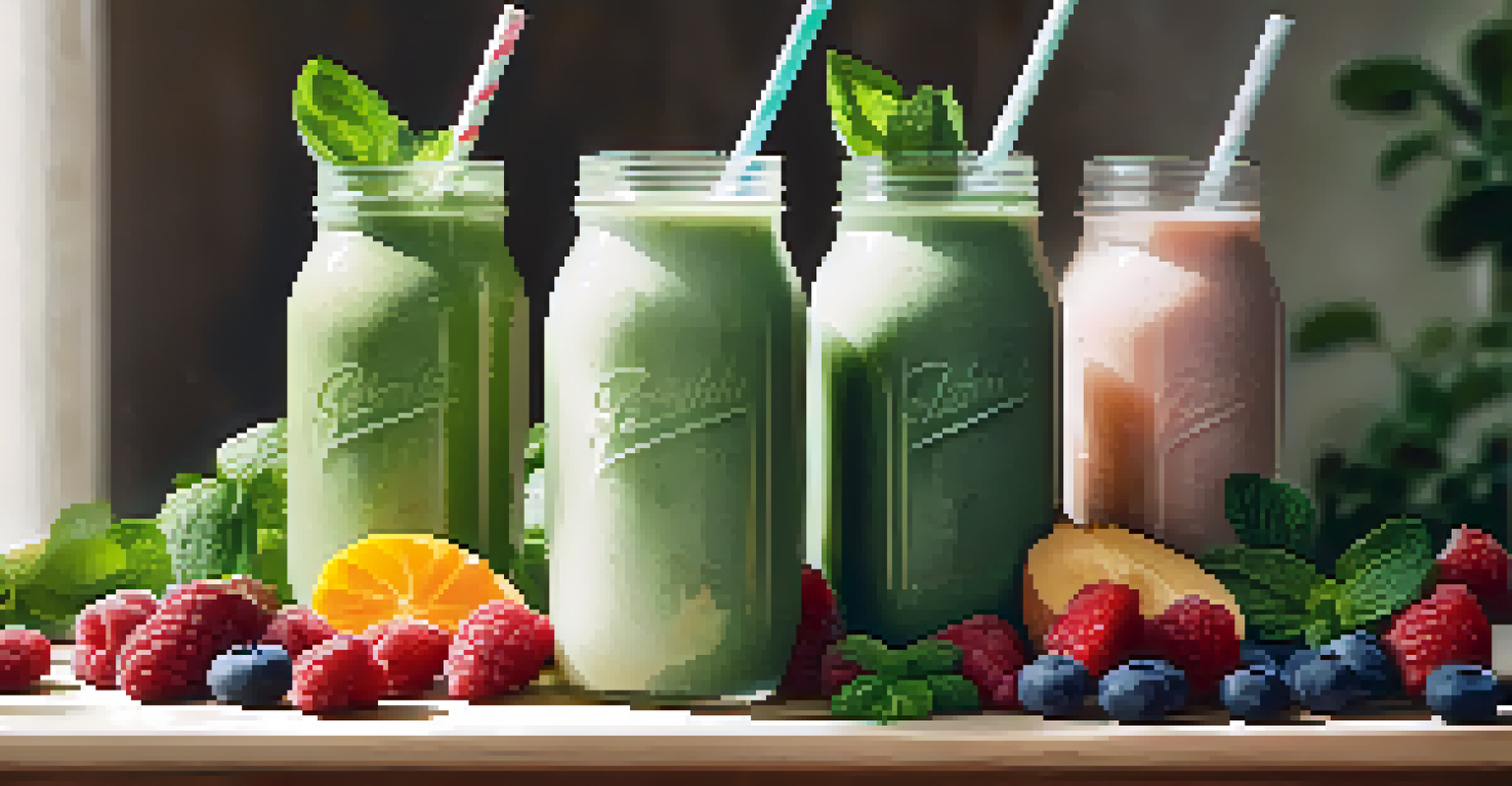 A green smoothie in a clear glass topped with fresh fruit slices and mint, set on a wooden countertop with sunlight.