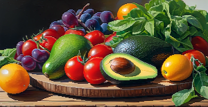 A colorful arrangement of fresh raw fruits and vegetables on a rustic wooden table, highlighting the vibrant colors and textures of healthy food.