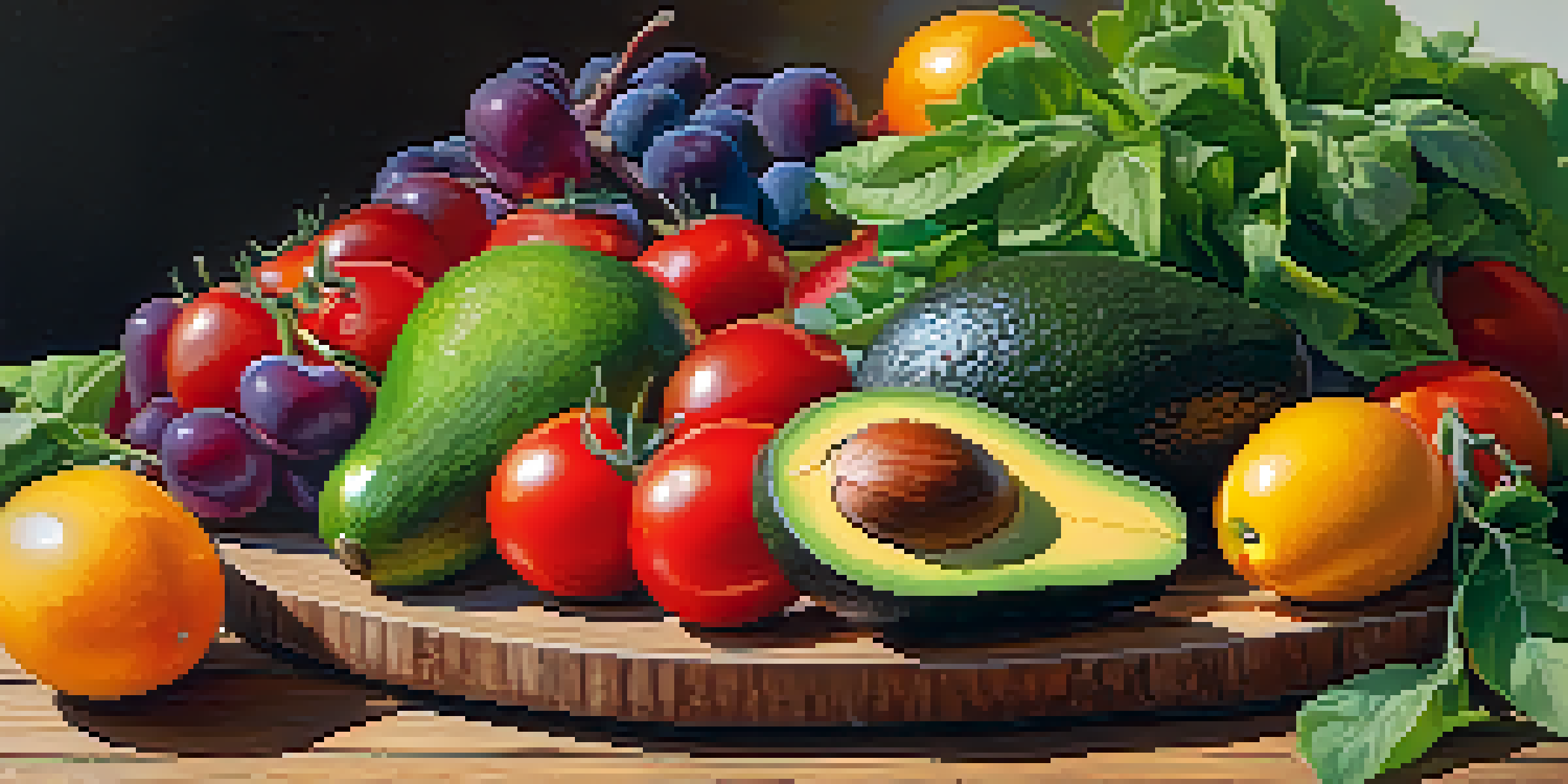 A colorful arrangement of fresh raw fruits and vegetables on a rustic wooden table, highlighting the vibrant colors and textures of healthy food.