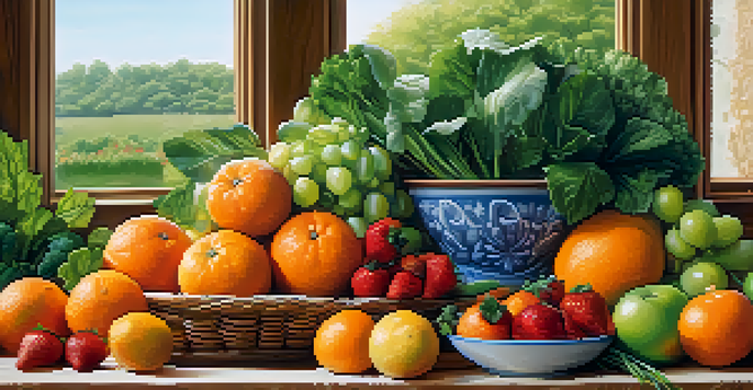 A detailed view of assorted fresh fruits and vegetables on a wooden surface, with bright colors and textures illuminated by gentle natural light.