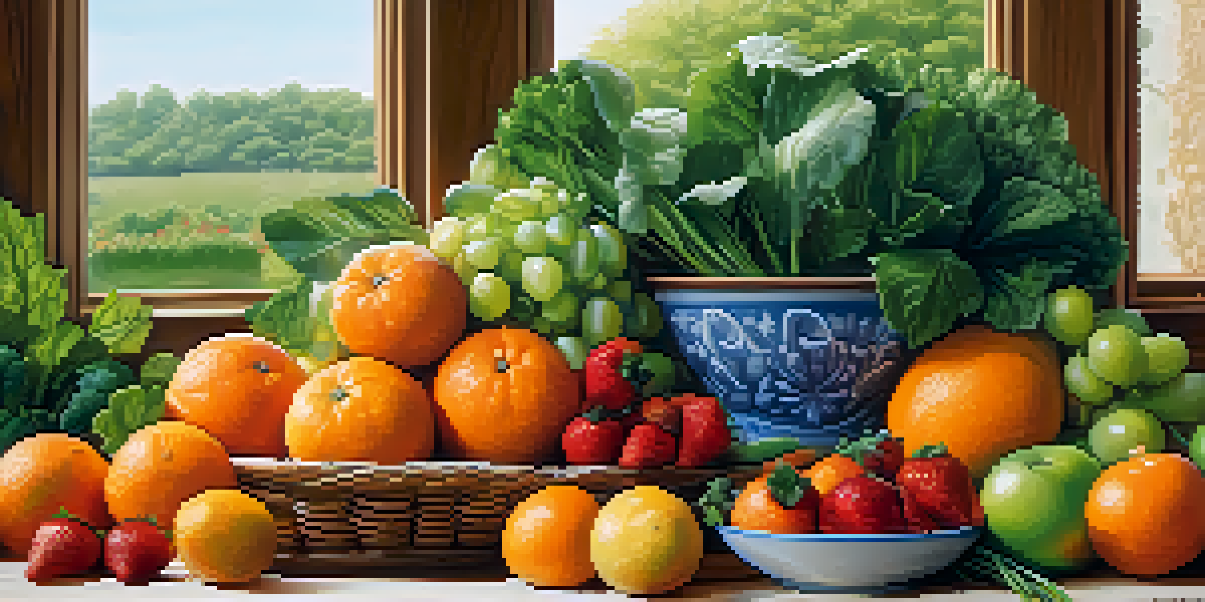 A detailed view of assorted fresh fruits and vegetables on a wooden surface, with bright colors and textures illuminated by gentle natural light.
