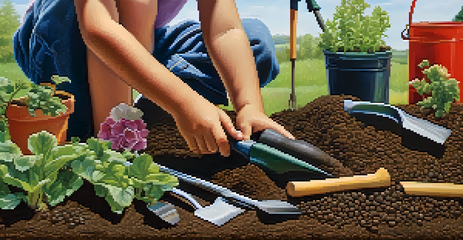 Close-up of a child's hands planting seeds in the soil, with gardening tools and a colorful garden in the background.