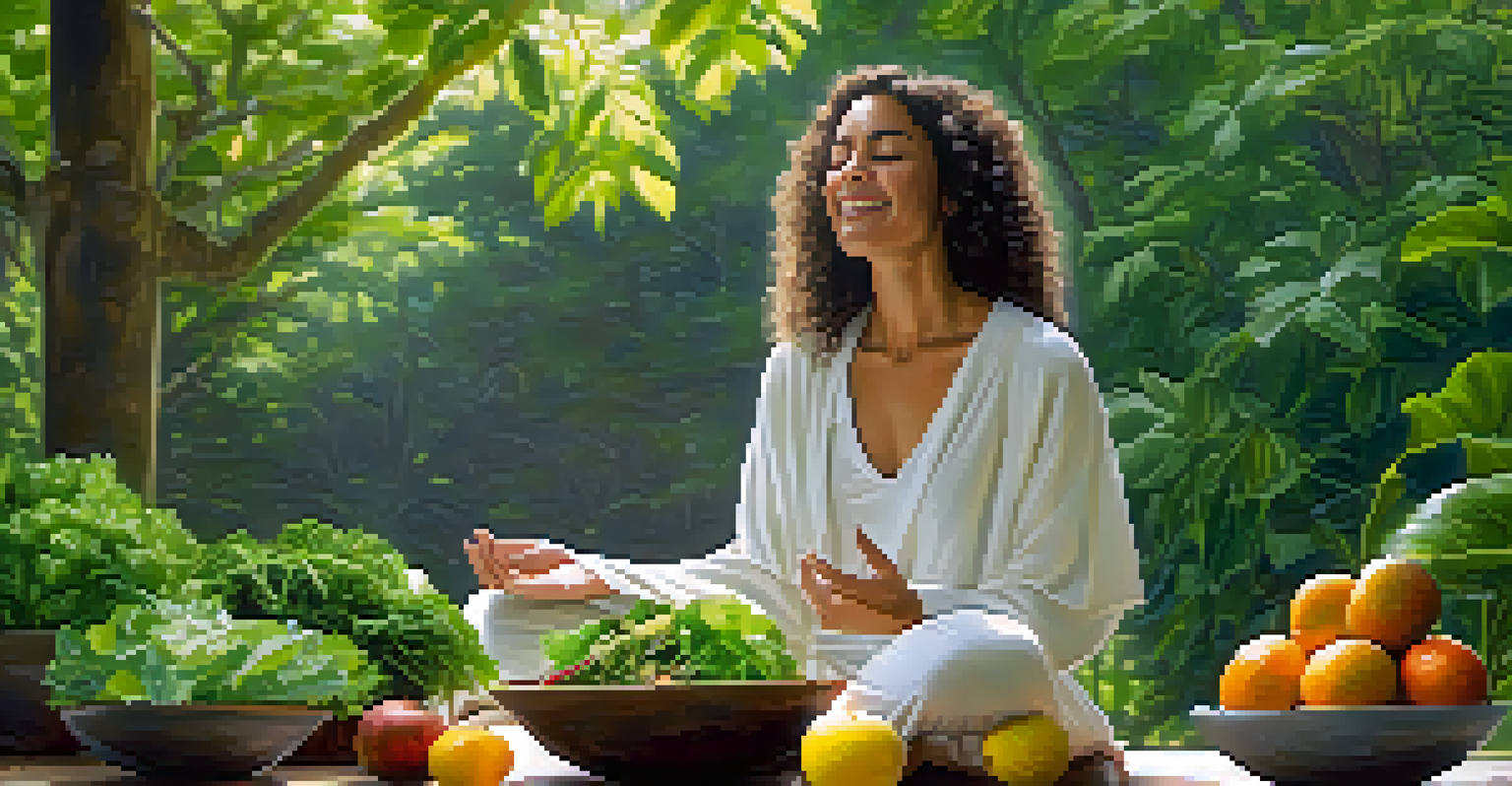 A person meditating outdoors surrounded by greenery, with fresh raw fruits and vegetables nearby, representing energy healing.