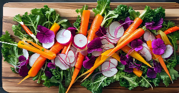 A colorful raw salad with leafy greens, shredded carrots, sliced radishes, and bell peppers on a wooden board, dressed with vinaigrette and garnished with herbs and flowers.
