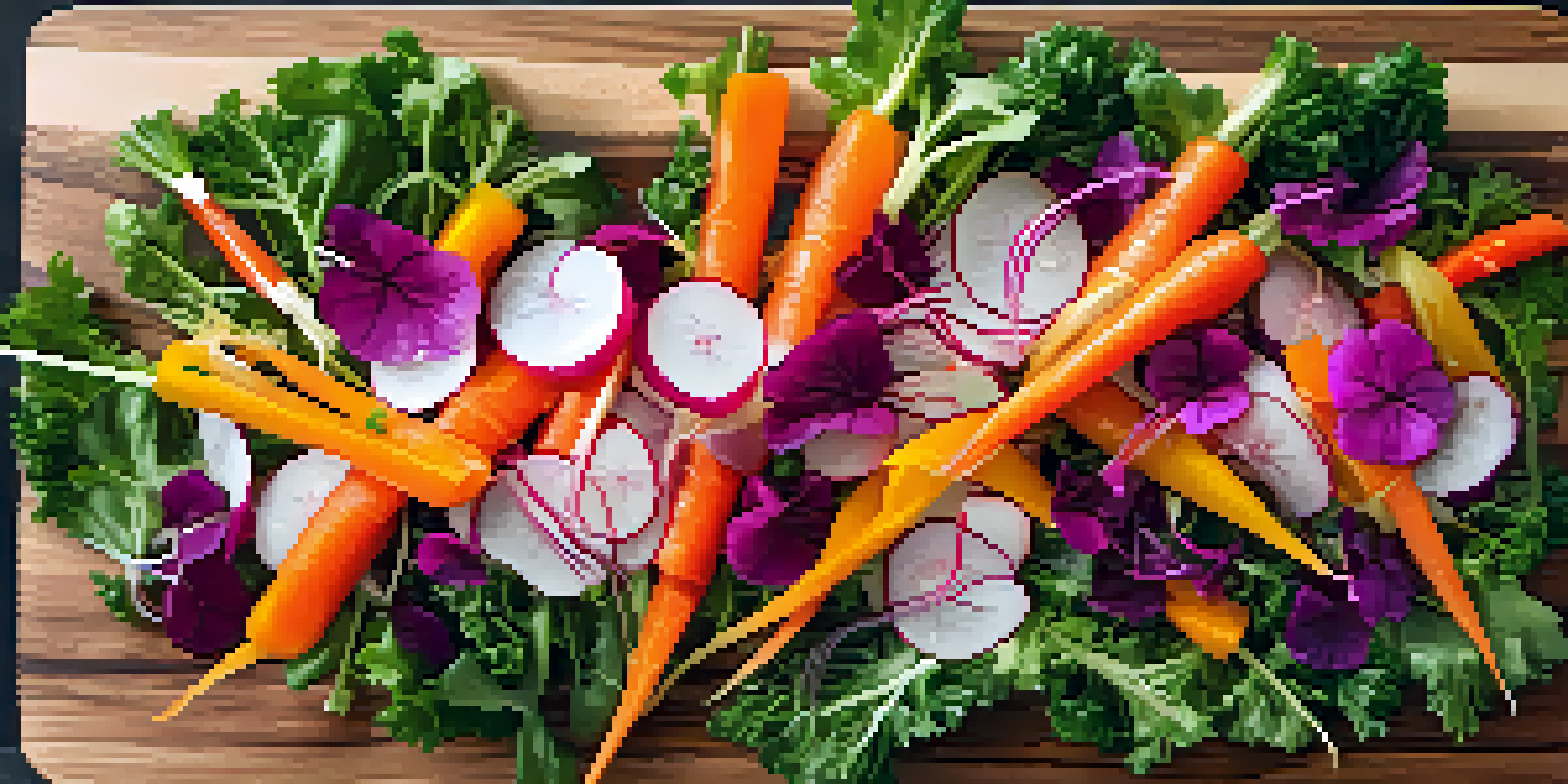 A colorful raw salad with leafy greens, shredded carrots, sliced radishes, and bell peppers on a wooden board, dressed with vinaigrette and garnished with herbs and flowers.