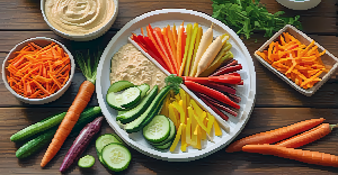 An assortment of colorful raw veggie sticks with hummus on a wooden table, surrounded by a natural setting.