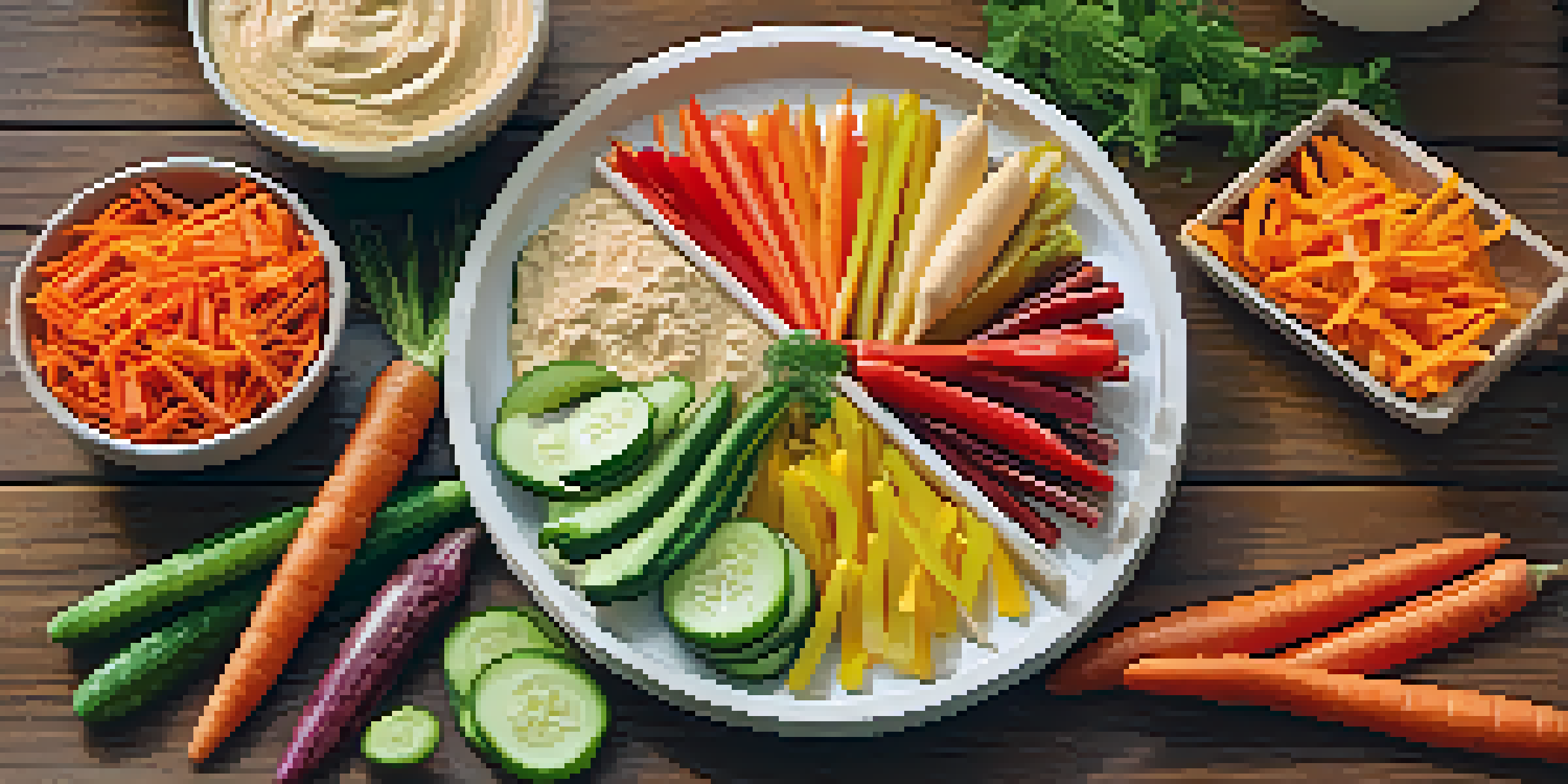 An assortment of colorful raw veggie sticks with hummus on a wooden table, surrounded by a natural setting.