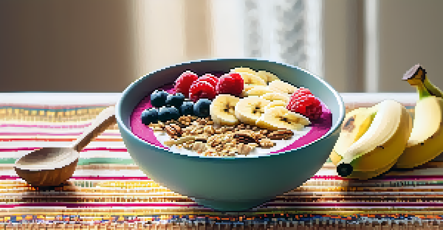 A smoothie bowl topped with bananas, berries, and granola on a woven textile, with a wooden spoon beside it.