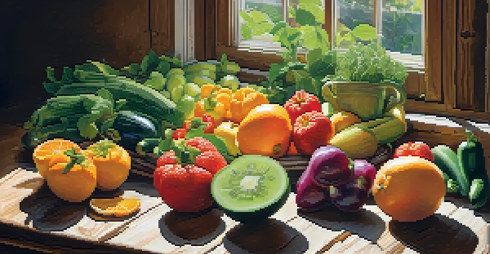 A colorful assortment of fresh fruits and vegetables arranged on a wooden table with sunlight casting soft shadows.
