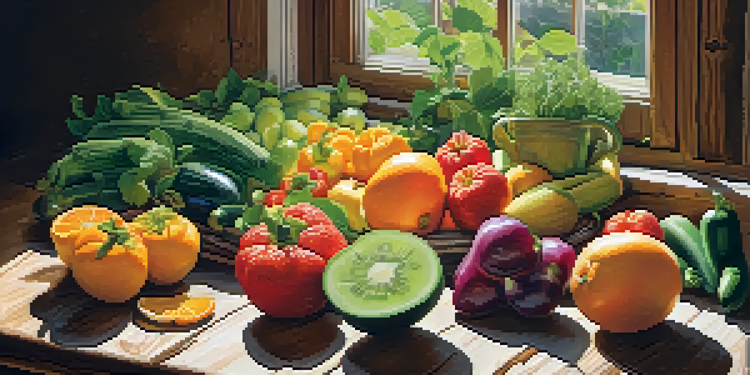 A colorful assortment of fresh fruits and vegetables arranged on a wooden table with sunlight casting soft shadows.