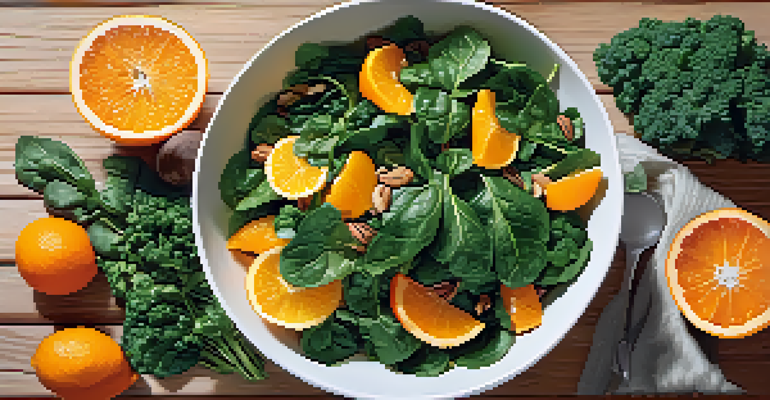 An overhead view of a salad bowl filled with spinach, kale, oranges, and nuts, set on a colorful cloth with a wooden background.