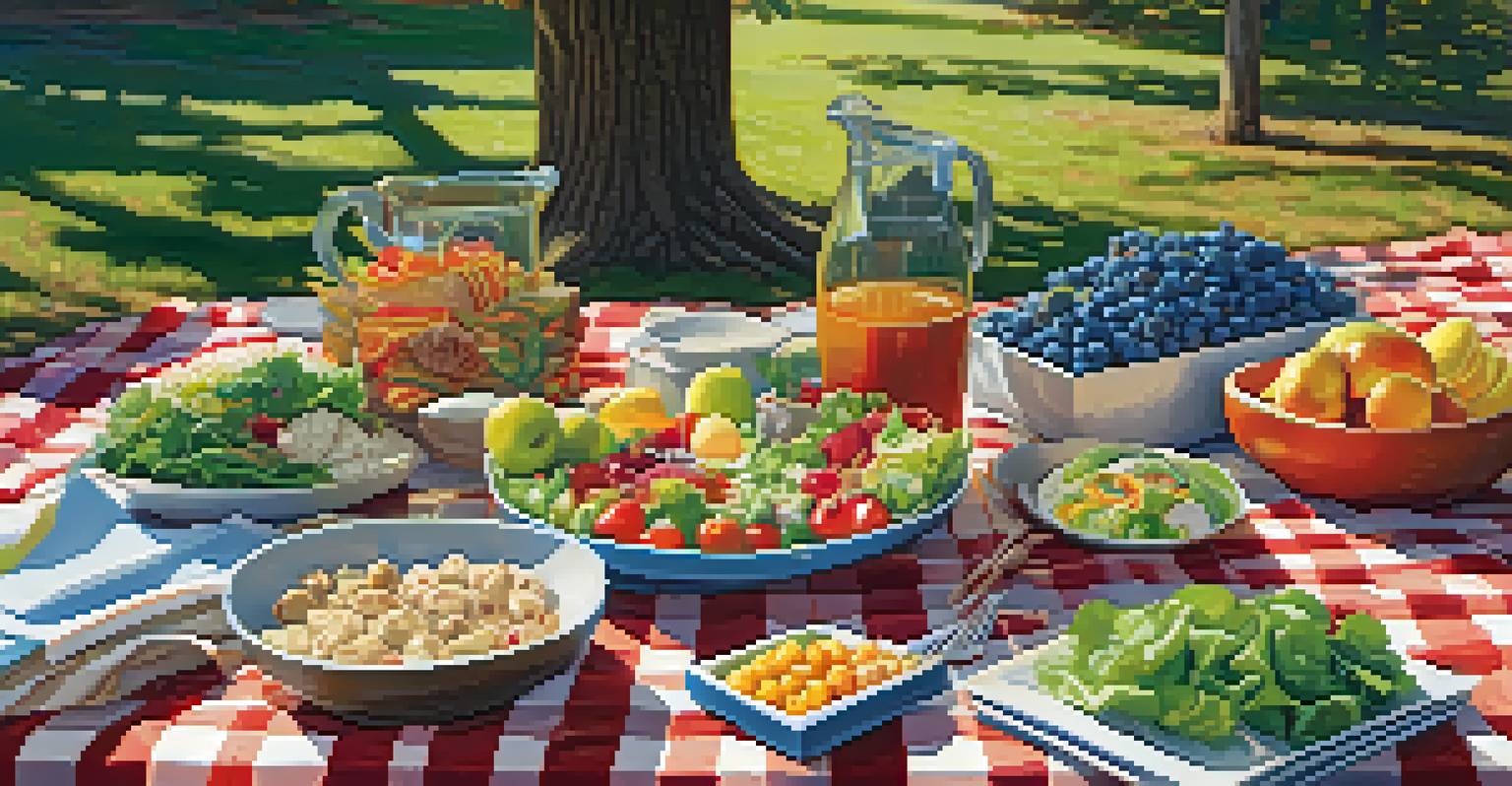 An outdoor picnic scene with various raw food dishes on a checkered blanket under a tree with sunlight filtering through the leaves.