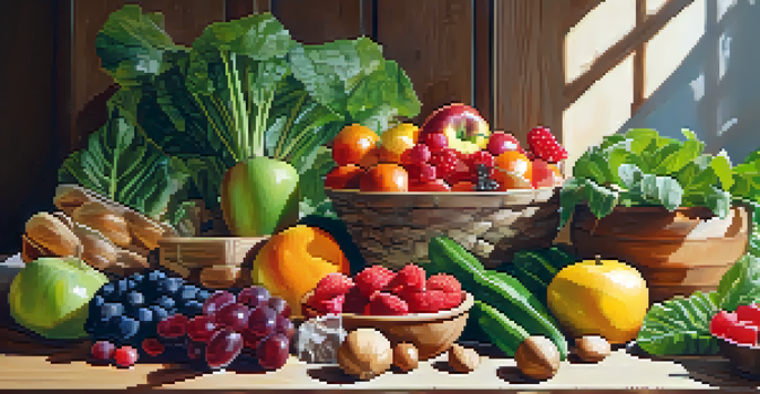A bright and colorful display of fresh raw foods, including fruits, vegetables, and nuts, arranged on a wooden table with sunlight enhancing the natural textures.