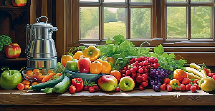 A colorful arrangement of fresh fruits and vegetables on a wooden table, illuminated by natural light.