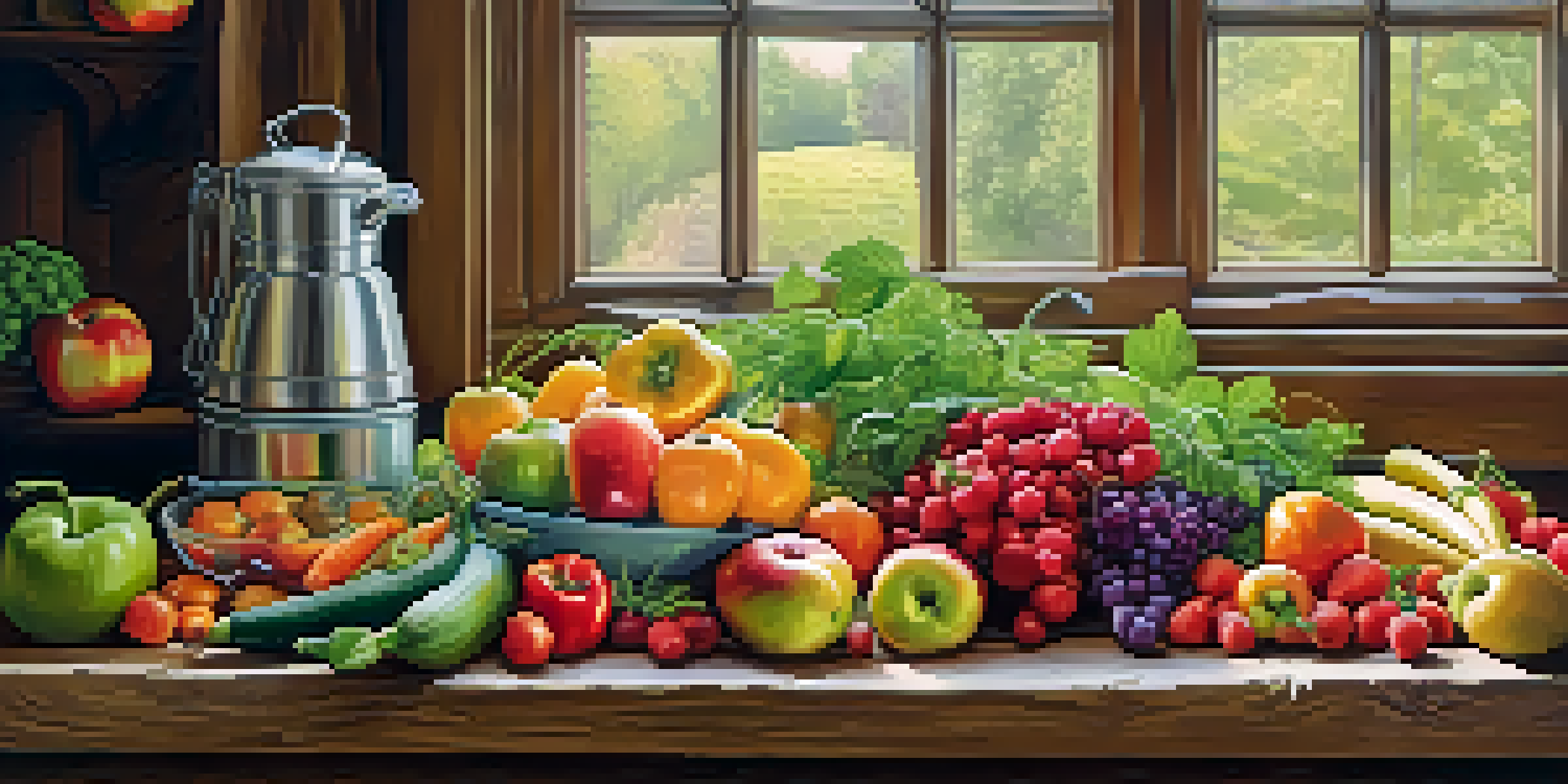 A colorful arrangement of fresh fruits and vegetables on a wooden table, illuminated by natural light.