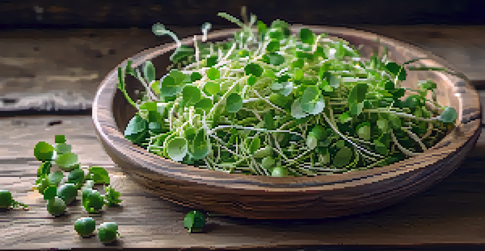 A close-up view of various fresh sprouts in a wooden bowl, with a blurred kitchen background and natural lighting.