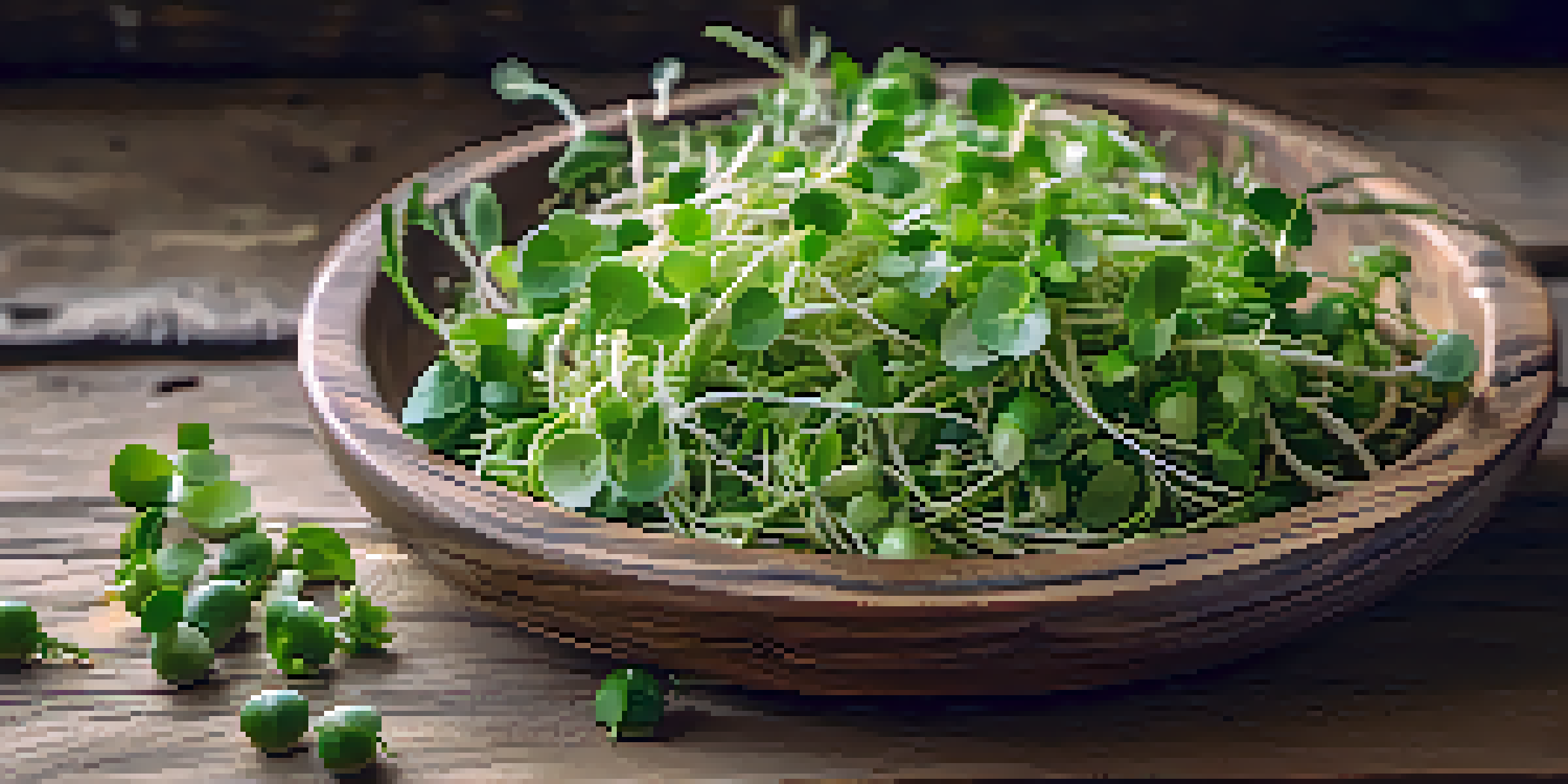 A close-up view of various fresh sprouts in a wooden bowl, with a blurred kitchen background and natural lighting.