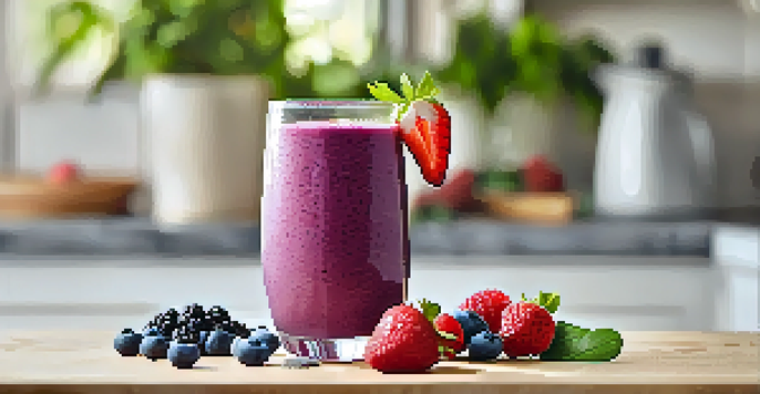 A colorful berry smoothie in a glass, garnished with chia seeds and banana, set in a bright kitchen with fresh berries around.