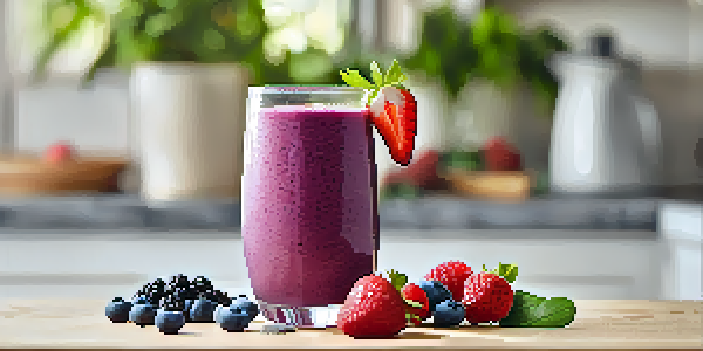 A colorful berry smoothie in a glass, garnished with chia seeds and banana, set in a bright kitchen with fresh berries around.
