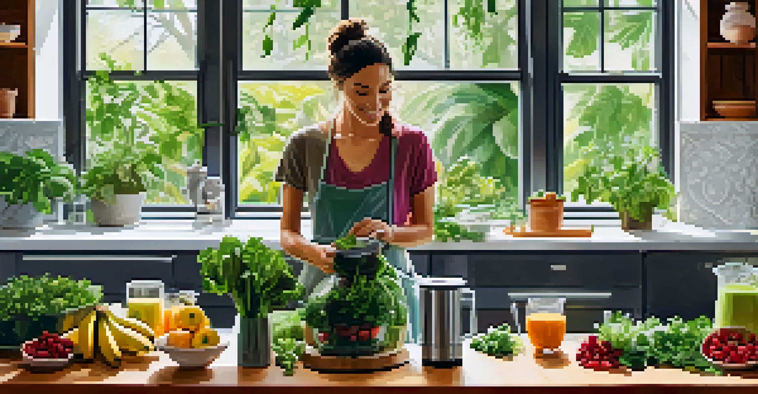 A person making a raw vegan smoothie in a bright kitchen, surrounded by fresh ingredients.