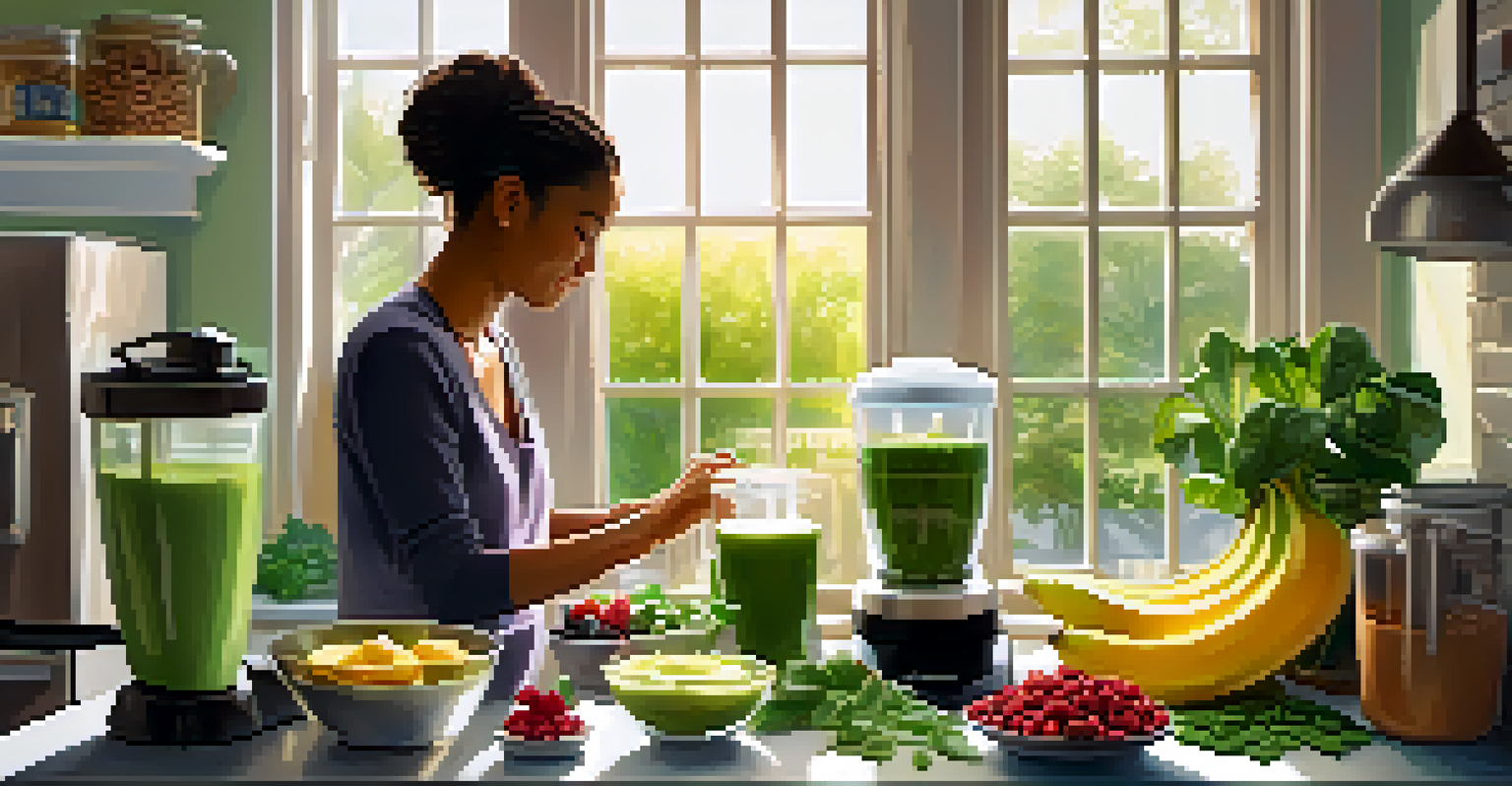A person making a smoothie in a bright kitchen, blending spinach, bananas, and berries with sunlight streaming through the window.