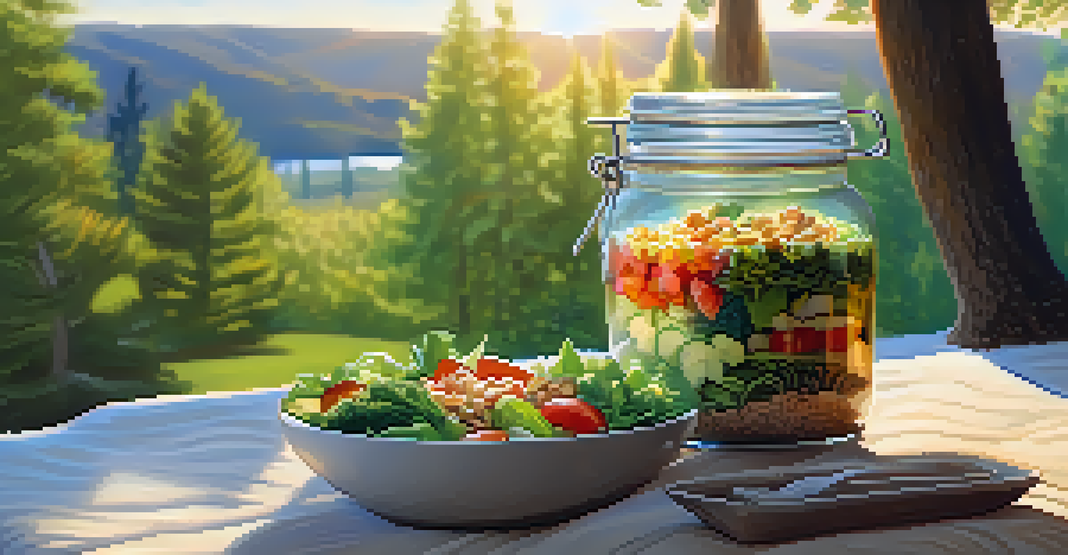 A person enjoying a layered salad jar in a peaceful outdoor setting with dappled sunlight.