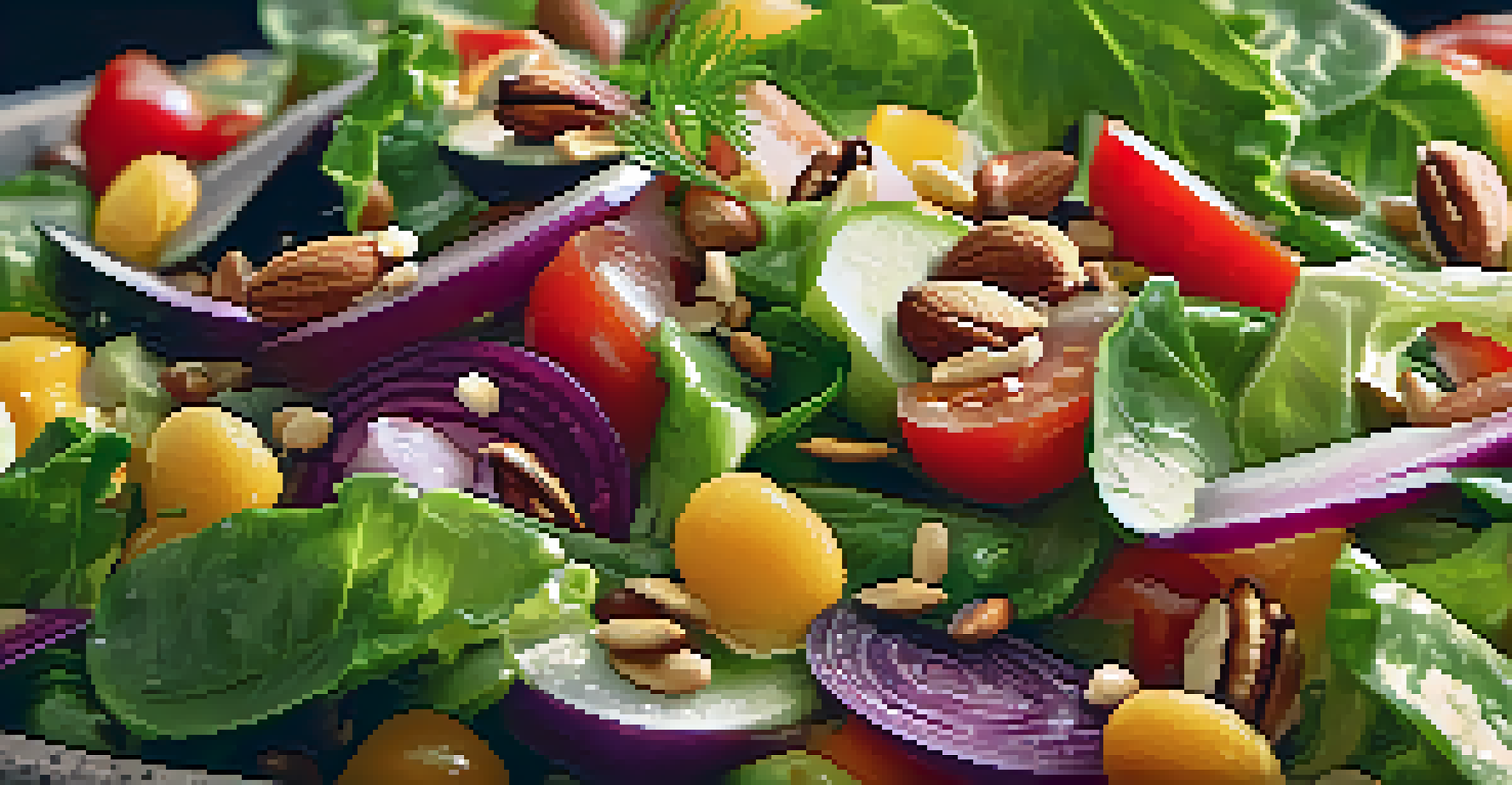 A close-up of a fresh, colorful raw salad with seasonal vegetables, nuts, and a drizzle of olive oil.