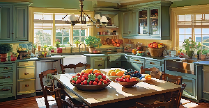 A family in a bright kitchen preparing a colorful fruit salad together, with fresh fruits spread across the countertop.