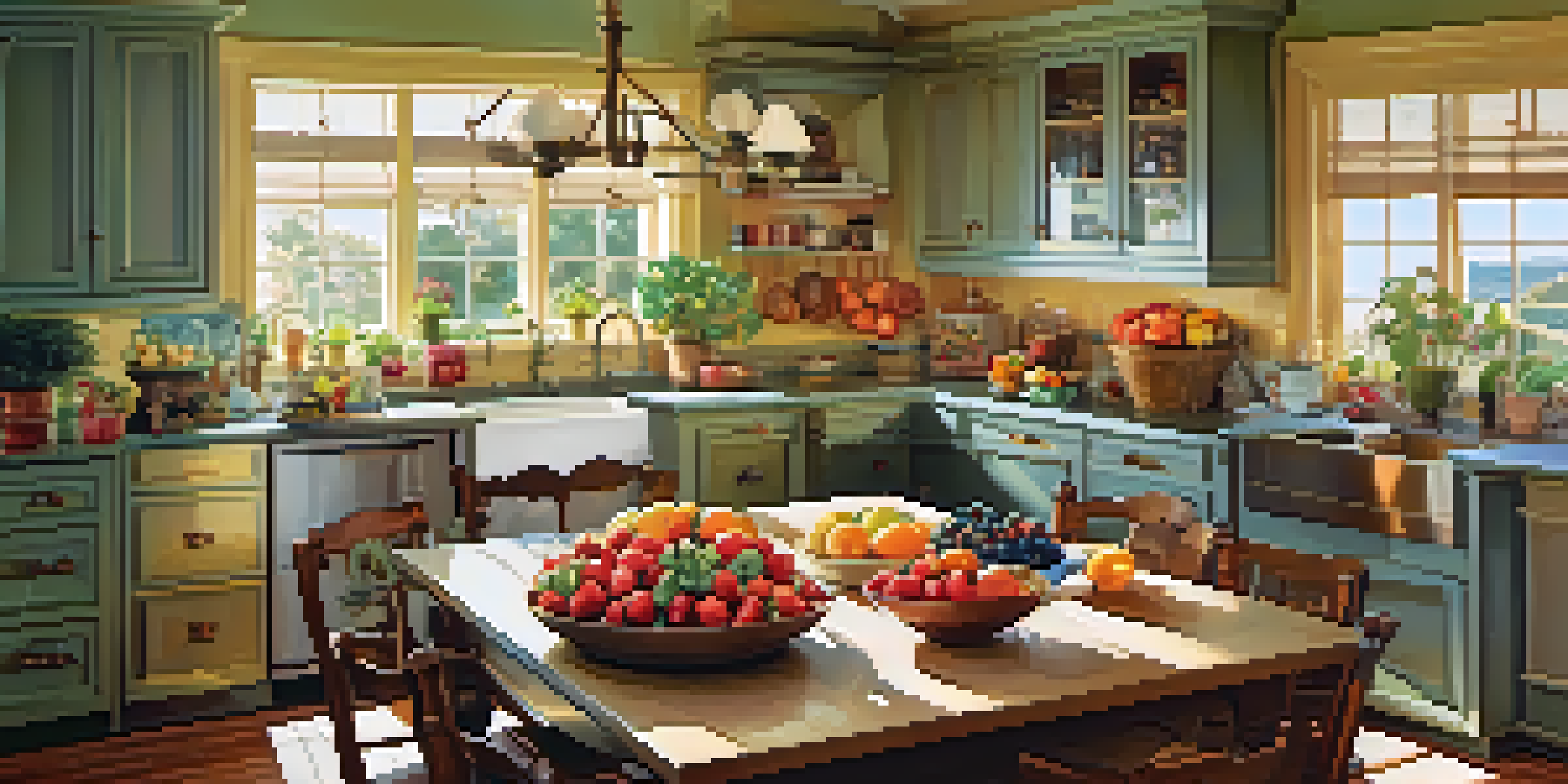 A family in a bright kitchen preparing a colorful fruit salad together, with fresh fruits spread across the countertop.