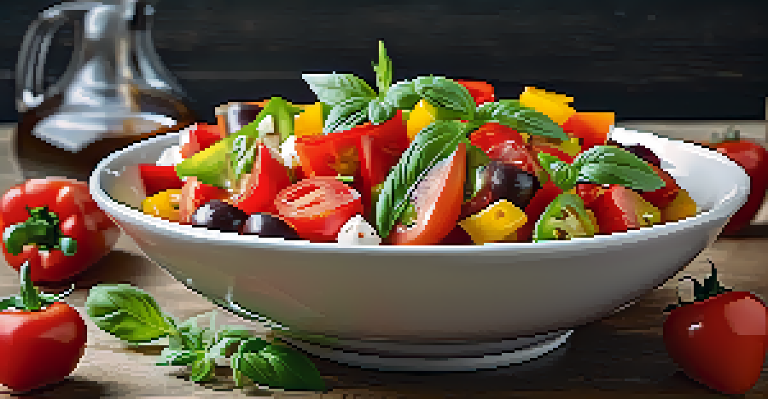 A colorful raw salad in a white bowl with tomatoes, bell peppers, strawberries, and basil, drizzled with balsamic dressing on a wooden table.