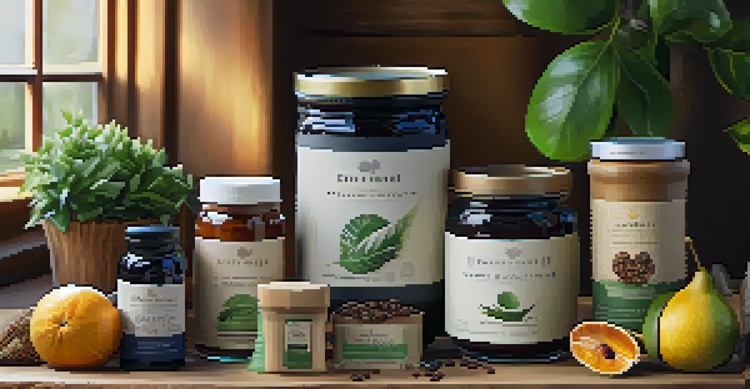 A cozy arrangement of ethically sourced products on a wooden table, labeled with their certifications, surrounded by greenery.