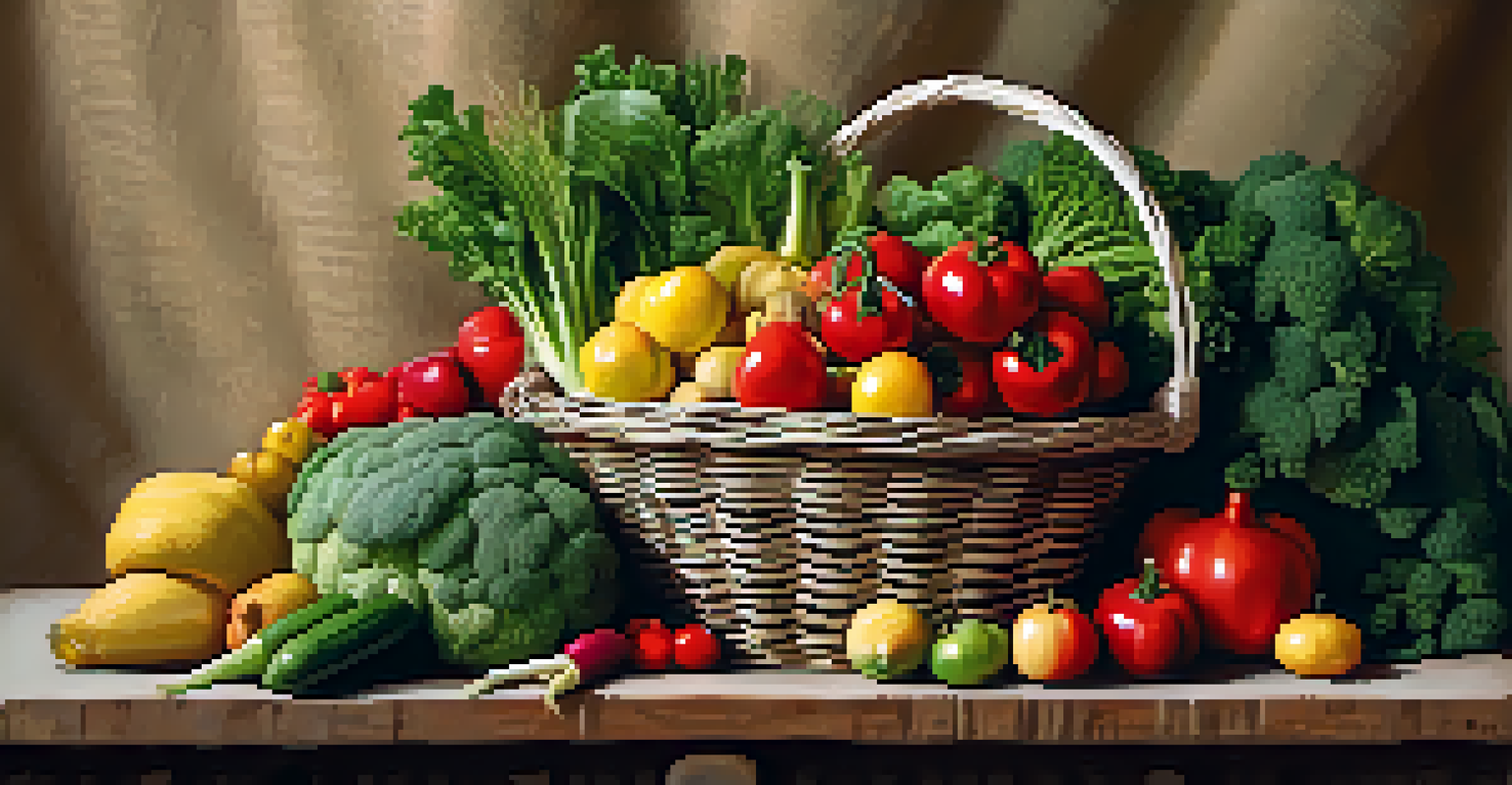 A basket filled with freshly harvested vegetables and fruits against a burlap background.