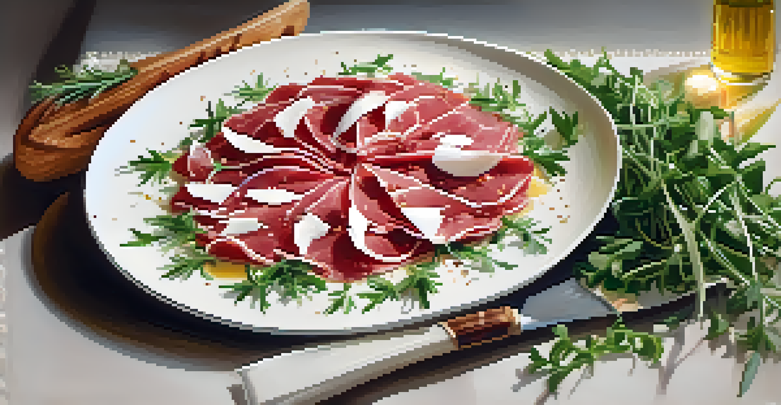 A plate of carpaccio with raw meat, olive oil, arugula, and parmesan, beautifully presented with warm lighting.