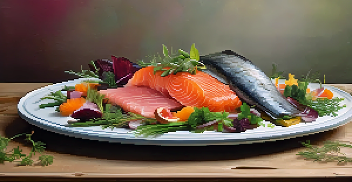 A colorful Scandinavian platter with gravlax, pickled herring, and fresh vegetables arranged on a wooden table.