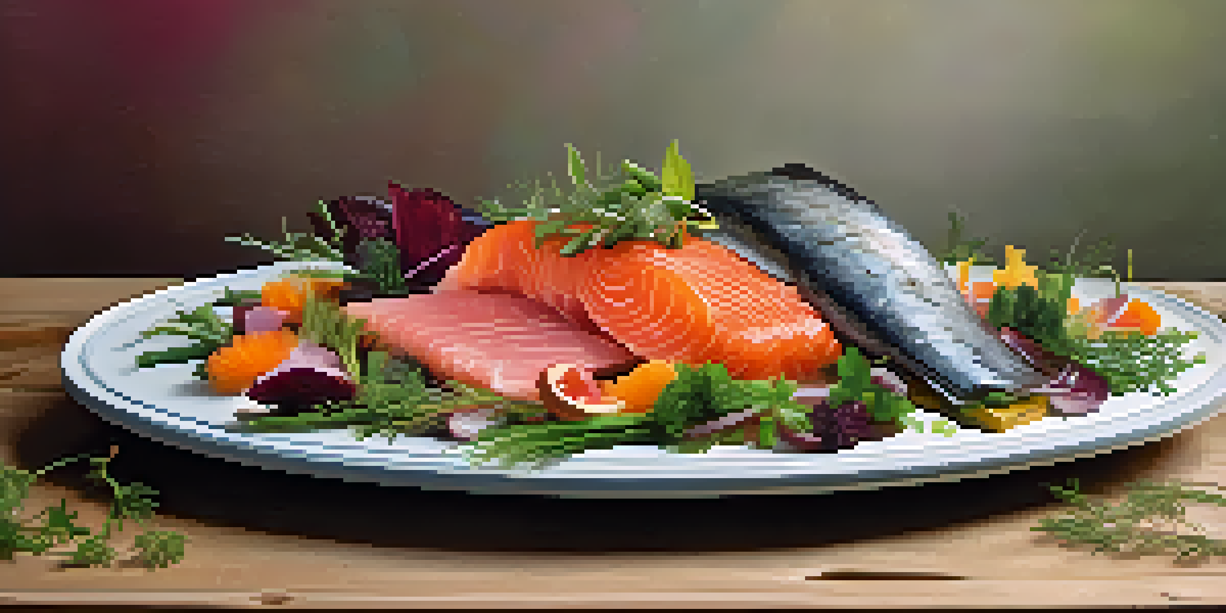 A colorful Scandinavian platter with gravlax, pickled herring, and fresh vegetables arranged on a wooden table.