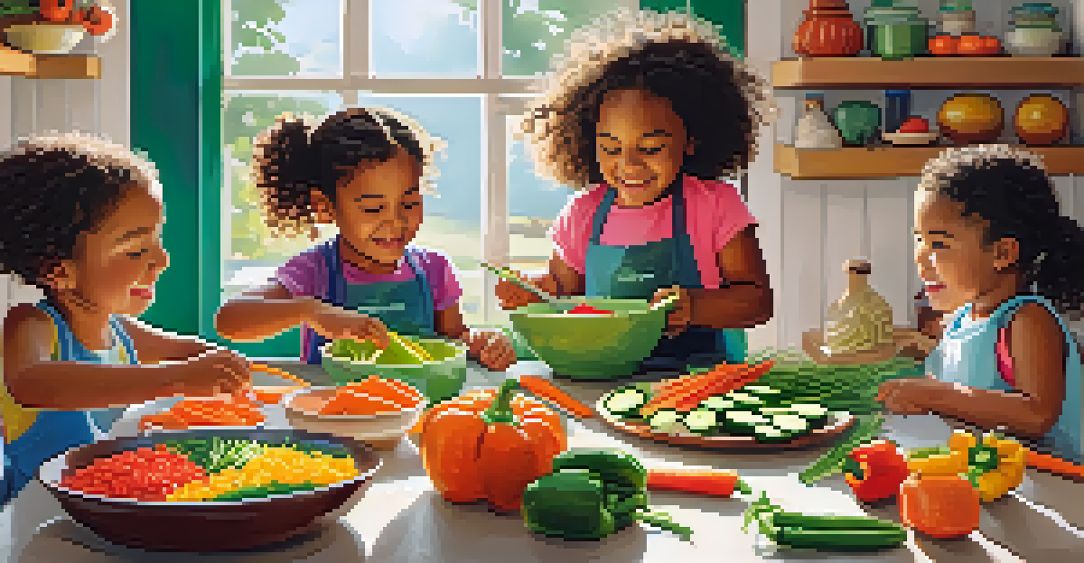 Children happily preparing raw vegetable snacks on a kitchen countertop filled with fresh veggies and hummus.