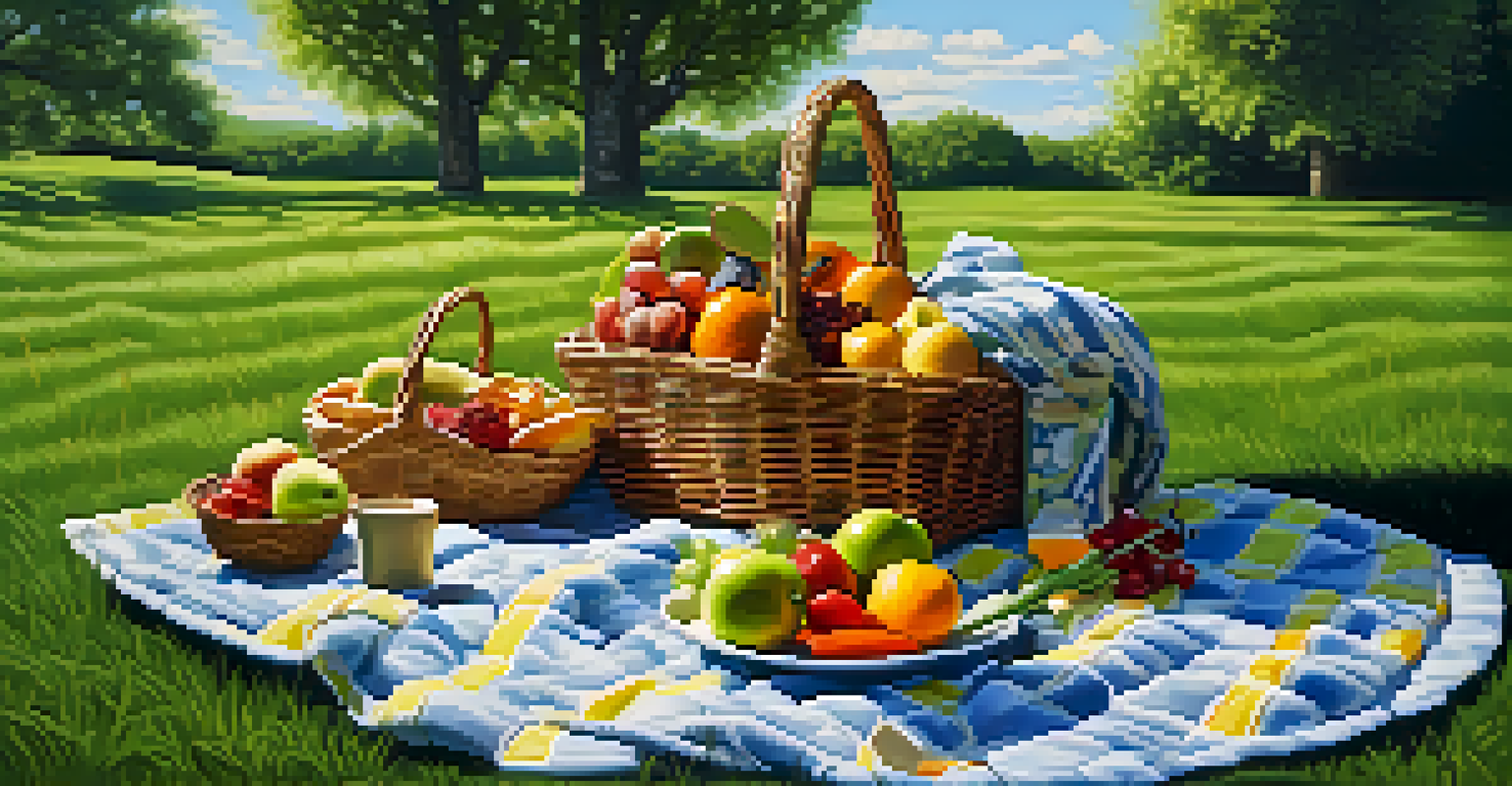 A picnic setup on green grass featuring a basket of raw fruits, nuts, and vegetables under a sunny sky.