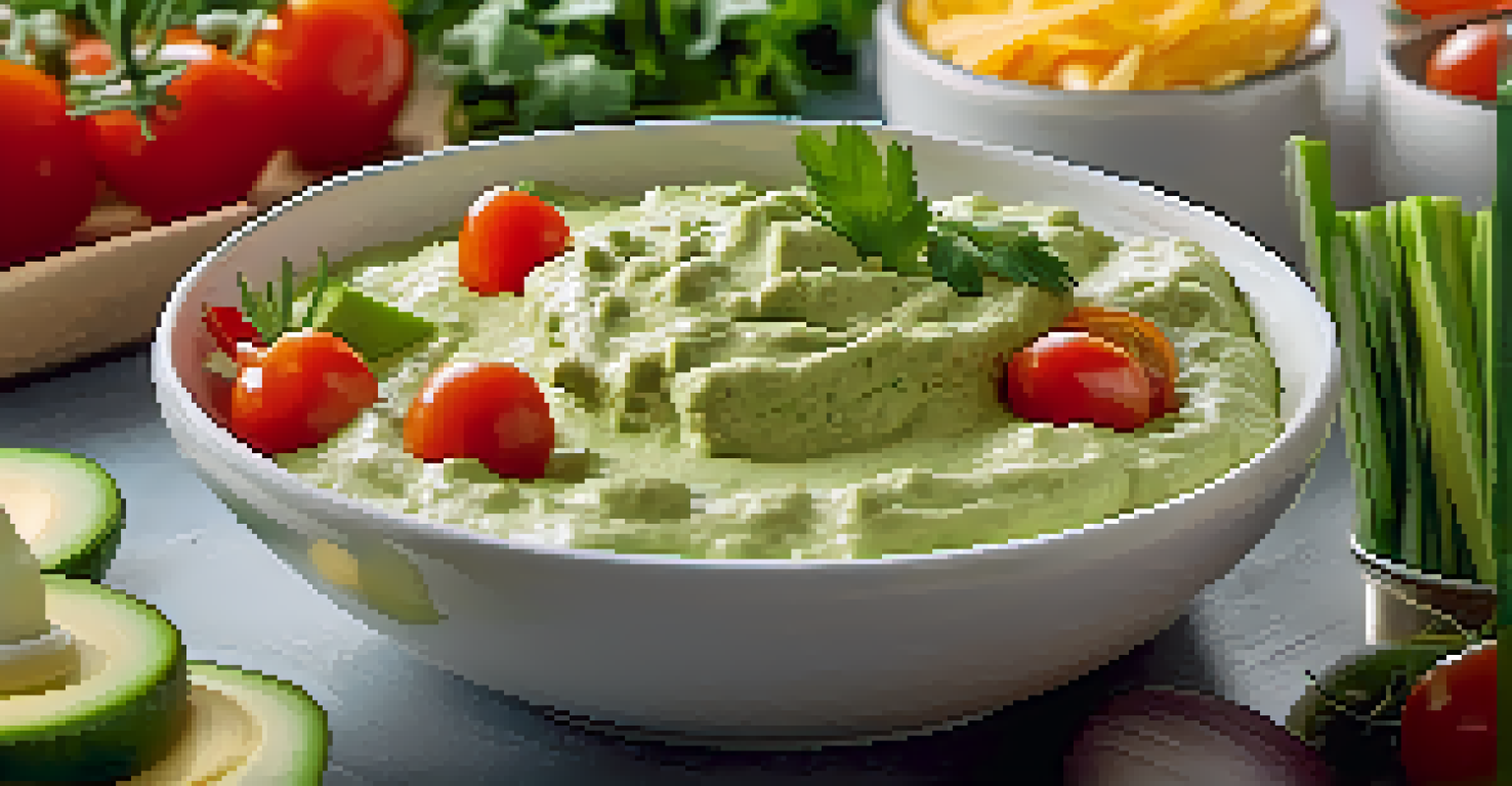 A creamy avocado dip in a ceramic bowl surrounded by fresh vegetable sticks, garnished with cilantro and lime slices.
