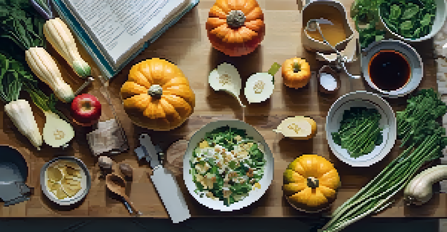 An overhead view of a kitchen countertop with seasonal produce, a cookbook, and cooking utensils, creating a warm cooking atmosphere.