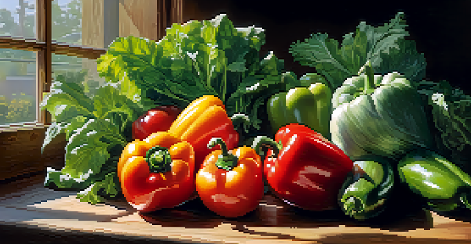 A variety of fresh raw vegetables displayed on a wooden table, illuminated by soft natural light.