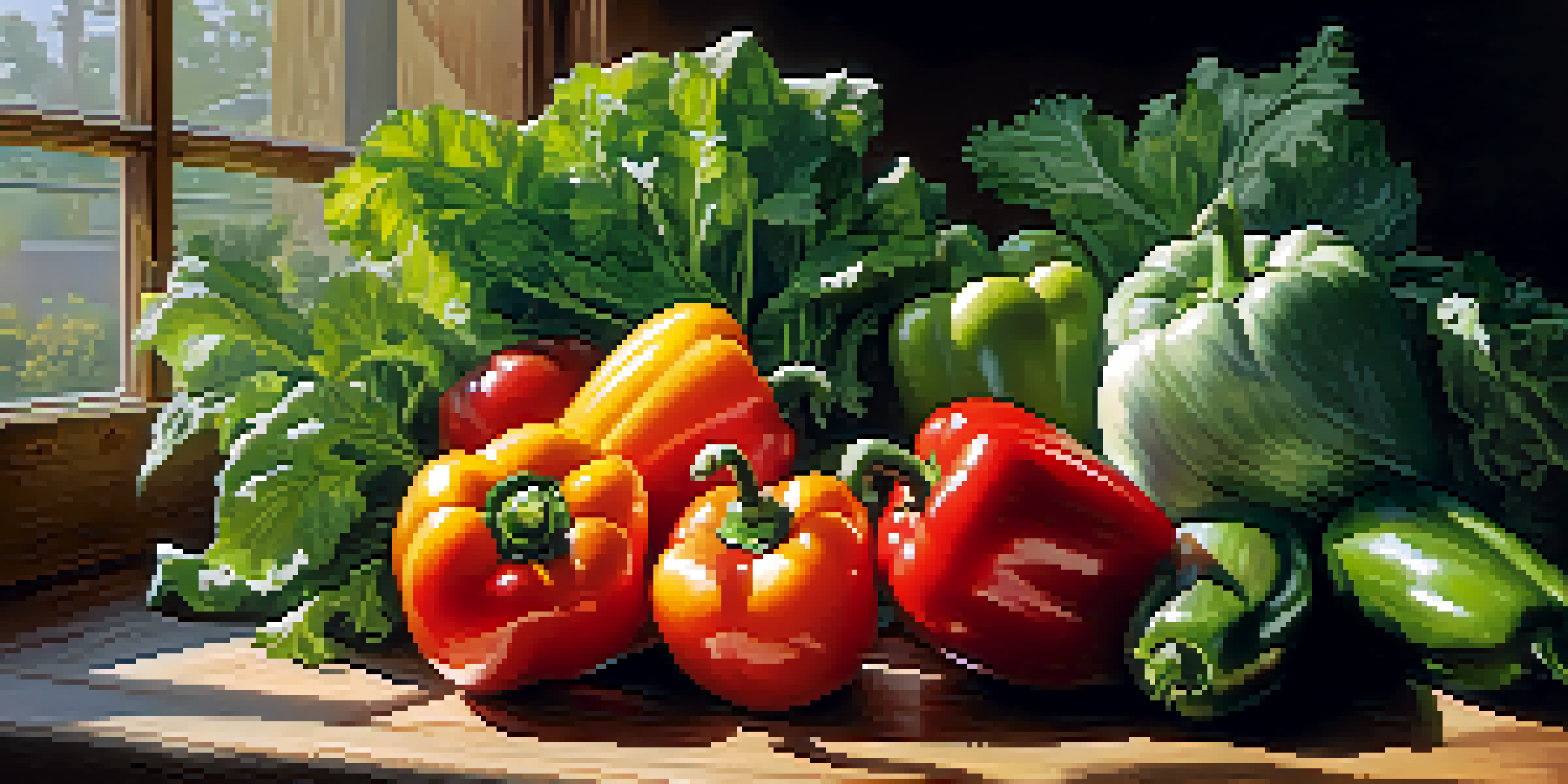 A variety of fresh raw vegetables displayed on a wooden table, illuminated by soft natural light.