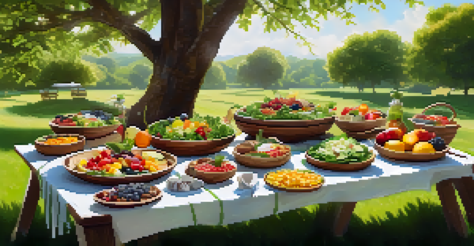 An outdoor picnic with a variety of raw food dishes on a green lawn, including salads and fruits, under soft sunlight filtering through trees.