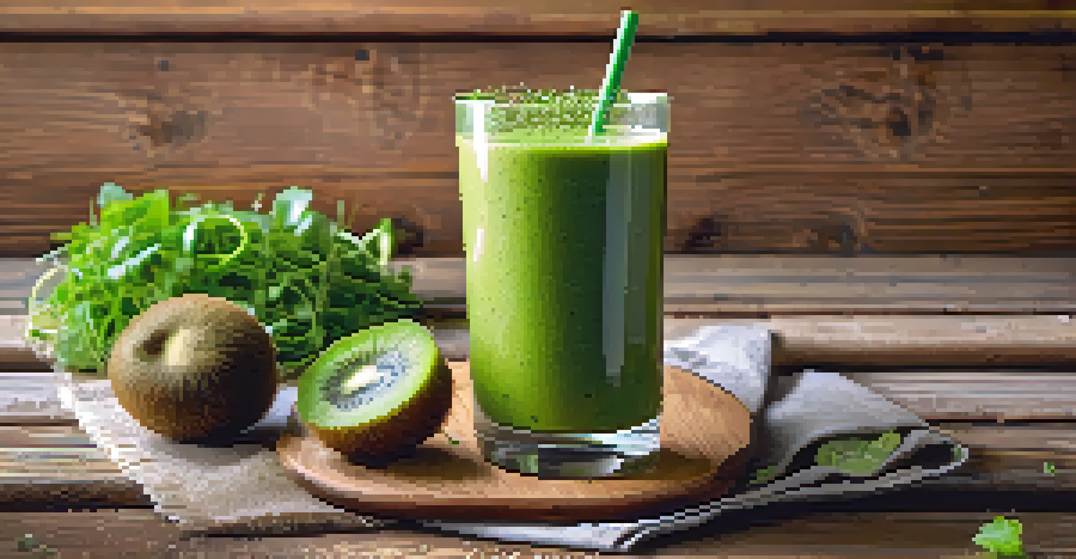 A glass of green smoothie topped with alfalfa sprouts and a slice of kiwi, on a rustic wooden table.