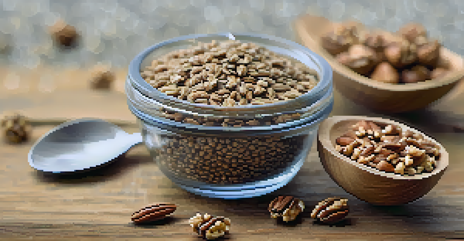 Close-up of walnuts, chia seeds, and ground flaxseed on a wooden table with a blurred background.