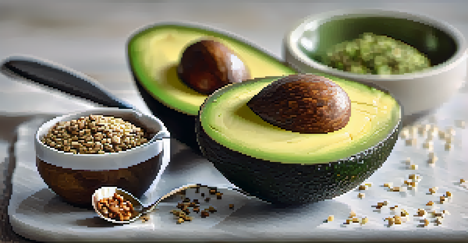 A close-up of a halved avocado with chia seeds and walnuts on a wooden board.