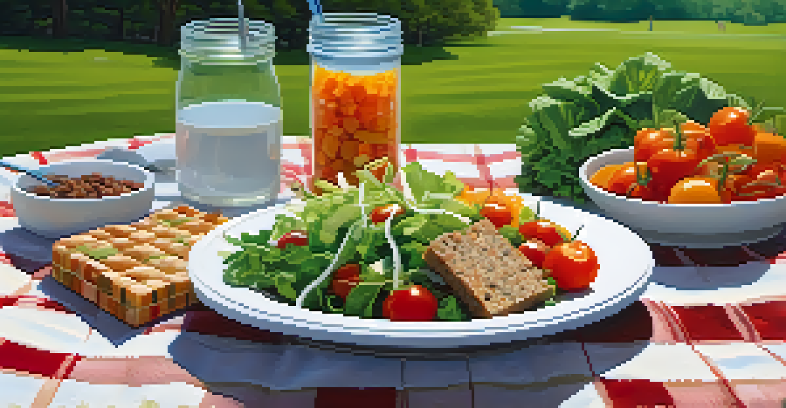 An outdoor picnic with a raw food meal on a checkered blanket, showcasing a colorful salad and raw energy bars in a sunny park.